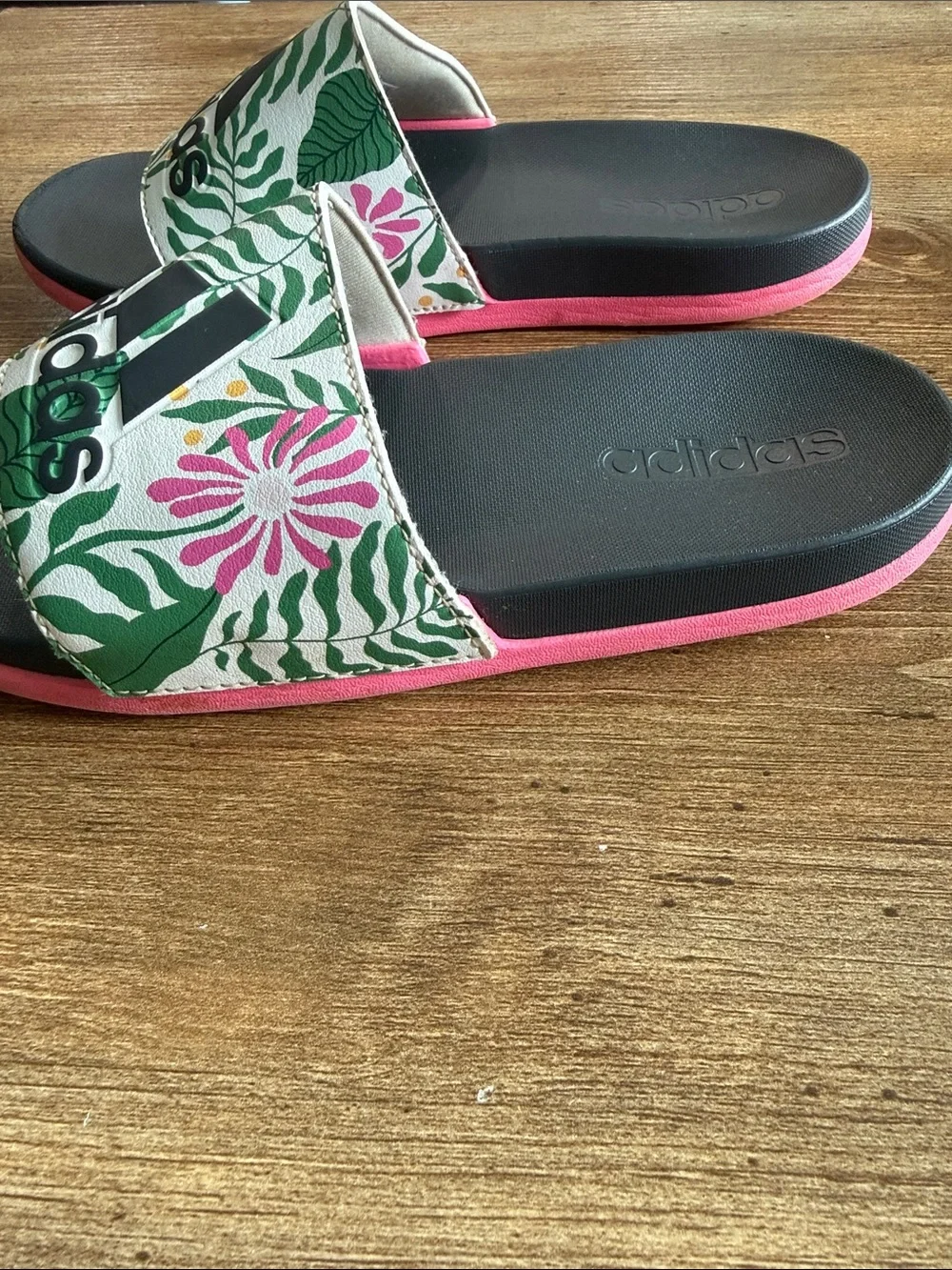 adidas Kids Floral Green and Pink Slide Sandals